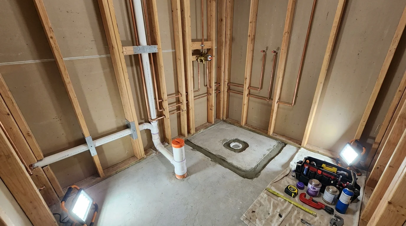 Bathroom rough-in plumbing during remodel by Johns Plumbing LLC in Broadalbin