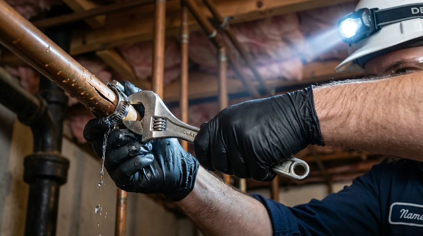 Emergency pipe clamp repair being performed by a Johns Plumbing LLC plumber in Broadalbin