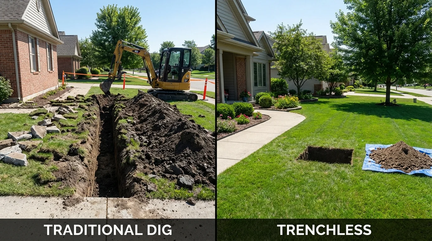 Trenchless sewer repair with minimal yard damage versus traditional excavation in Broadalbin, NY