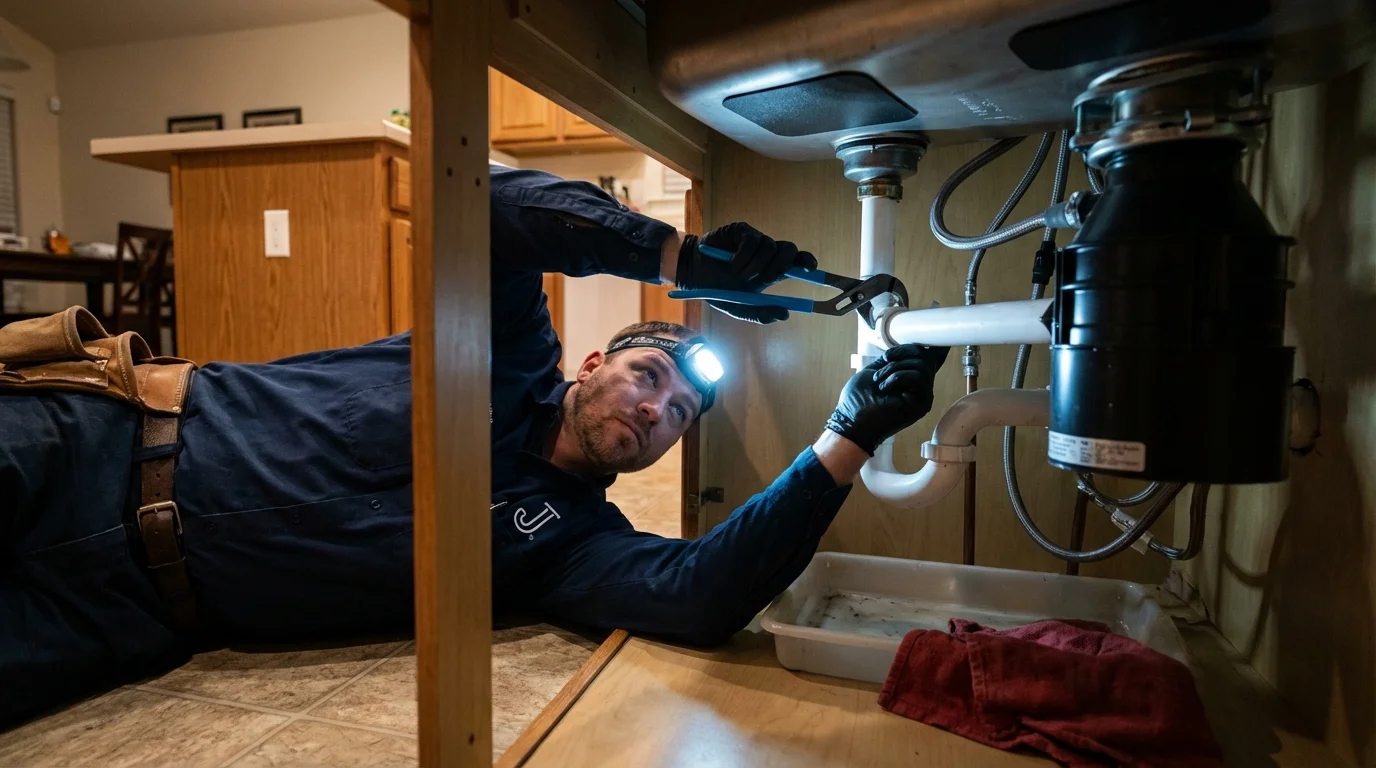 P-trap and supply line connections under a kitchen sink showing a common leak point in Broadalbin, NY